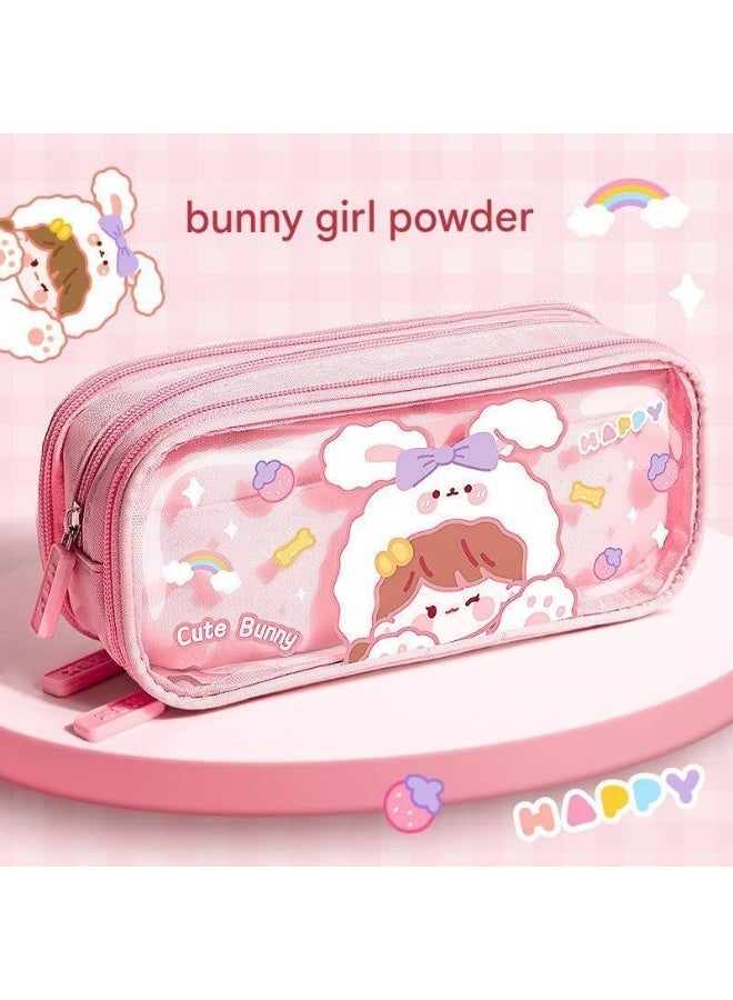 Large capacity transparent fabric pencil case with cute cartoon print and three compartments for organizing stationery, multi-functional with a durable zipper design (cute rabbit pattern) - Image 5